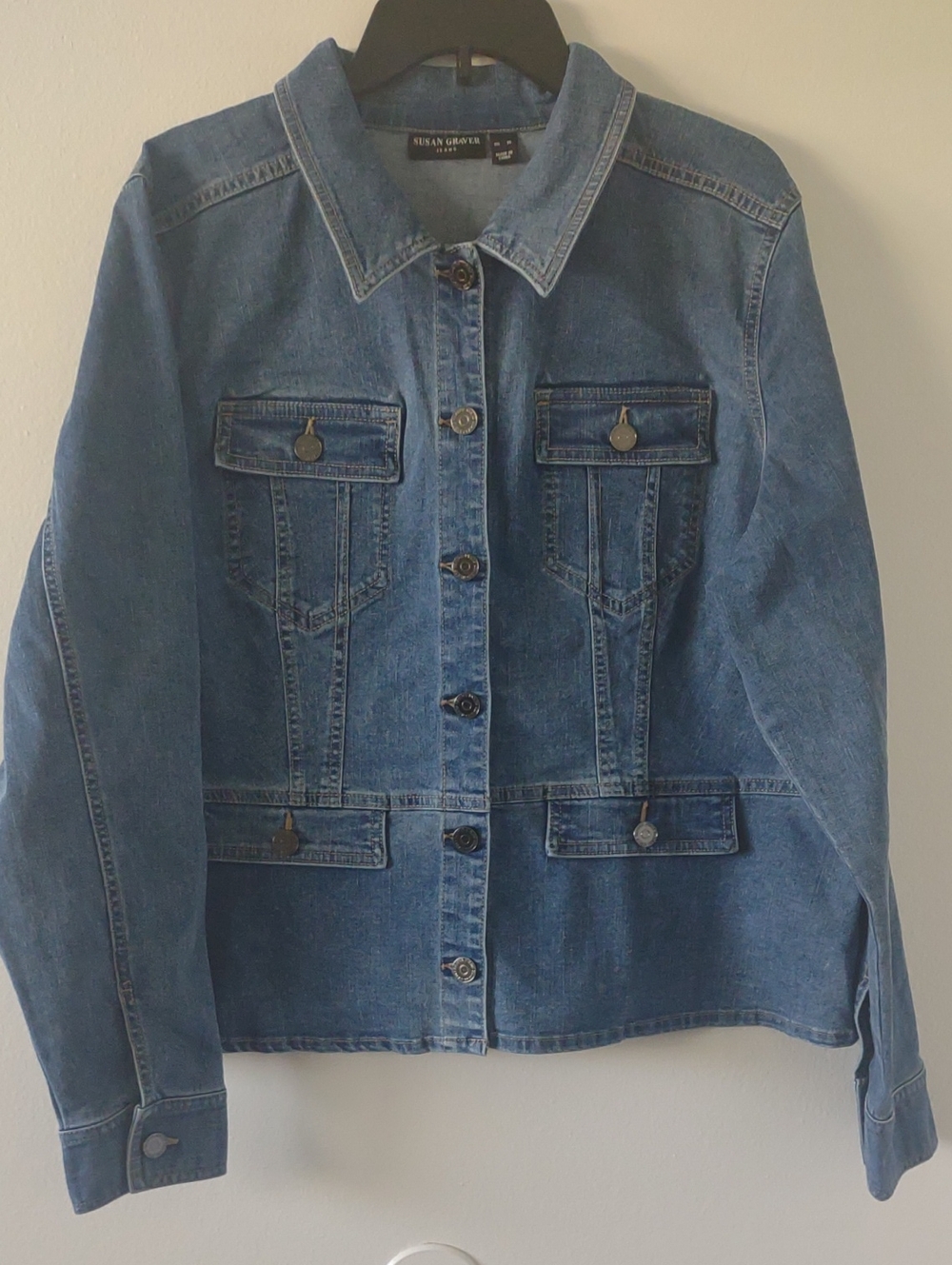 Susan Graver XL Stretch Denim Jacket Blue Button Front Utility Style